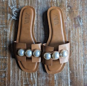 Zara pearl embellished leather sandal slide